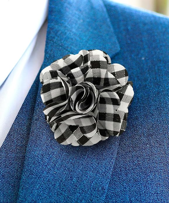 Vittorio Vico Unisex Metallic Silver Accent Plaid Flower Lapel Pin - Suits You Sir - Black and White with Silver -