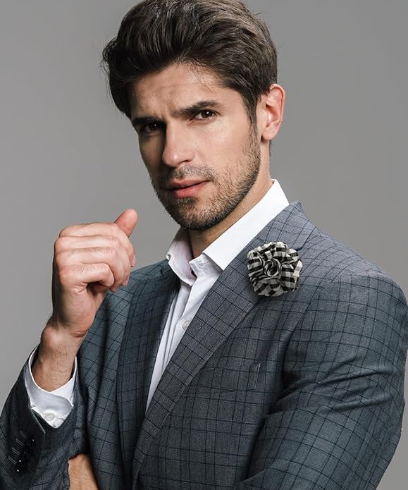 Vittorio Vico Unisex Metallic Silver Accent Plaid Flower Lapel Pin - Suits You Sir - Black and White with Silver -