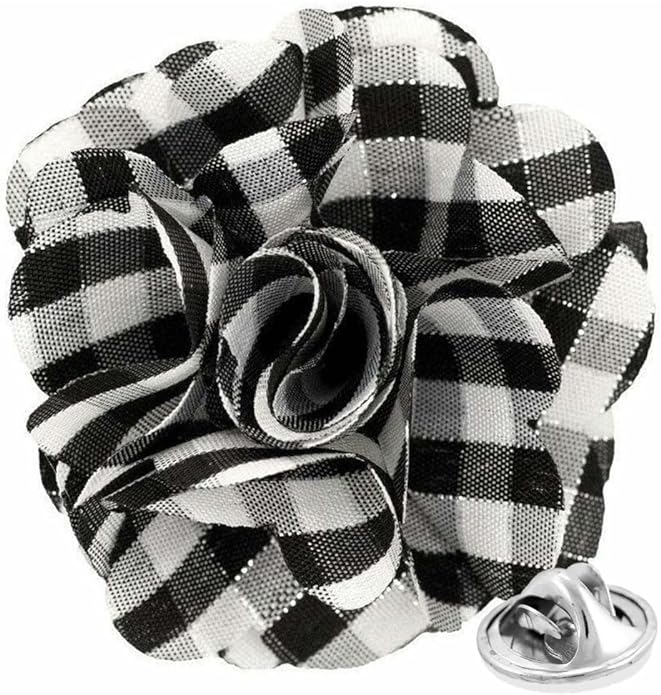 Vittorio Vico Unisex Metallic Silver Accent Plaid Flower Lapel Pin - Suits You Sir - Black and White with Silver -