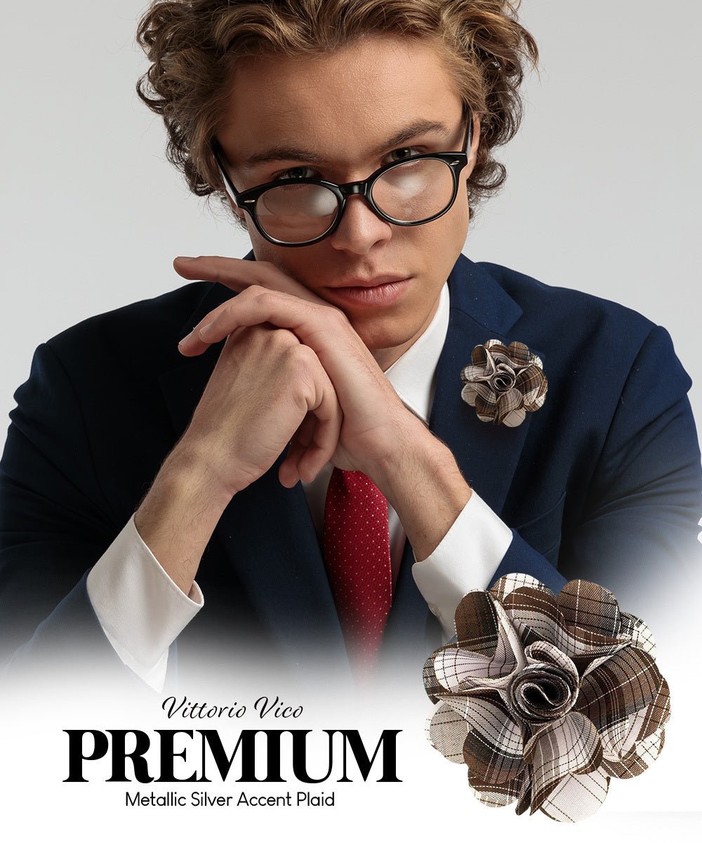 Vittorio Vico Unisex Metallic Silver Accent Plaid Flower Lapel Pin - Suits You Sir - Brown -