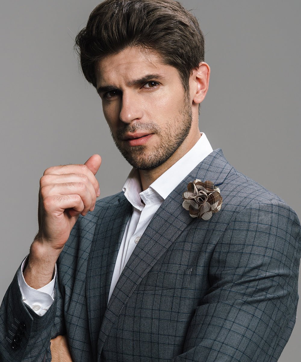 Vittorio Vico Unisex Metallic Silver Accent Plaid Flower Lapel Pin - Suits You Sir - Brown -