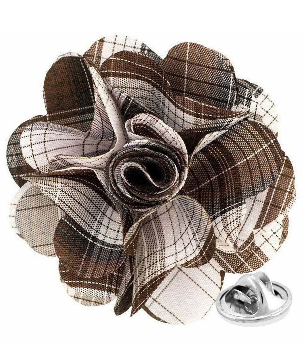 Vittorio Vico Unisex Metallic Silver Accent Plaid Flower Lapel Pin - Suits You Sir - Brown -