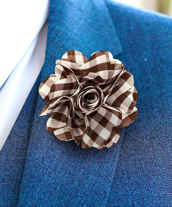 Vittorio Vico Unisex Metallic Silver Accent Plaid Flower Lapel Pin - Suits You Sir - Brown with Silver -