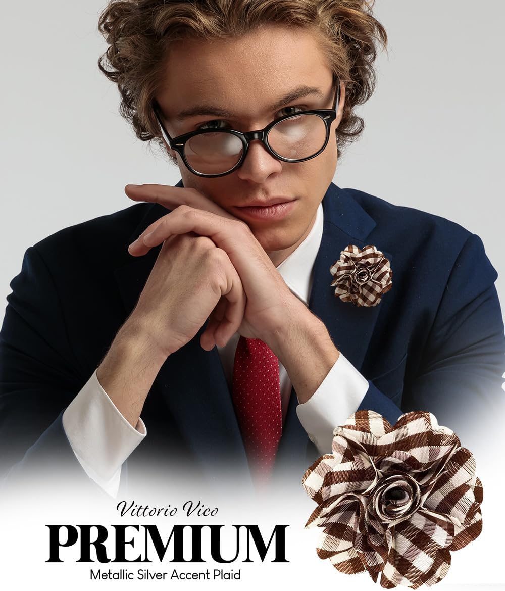 Vittorio Vico Unisex Metallic Silver Accent Plaid Flower Lapel Pin - Suits You Sir - Brown with Silver -