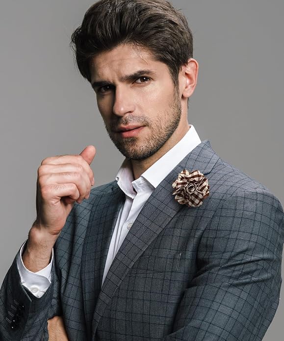 Vittorio Vico Unisex Metallic Silver Accent Plaid Flower Lapel Pin - Suits You Sir - Brown with Silver -