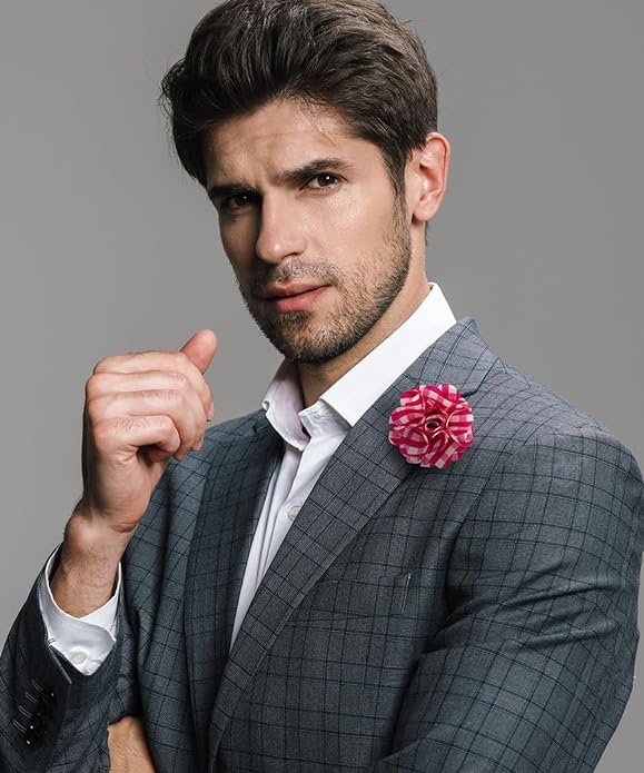 Vittorio Vico Unisex Metallic Silver Accent Plaid Flower Lapel Pin - Suits You Sir - Hot Pink with Silver -