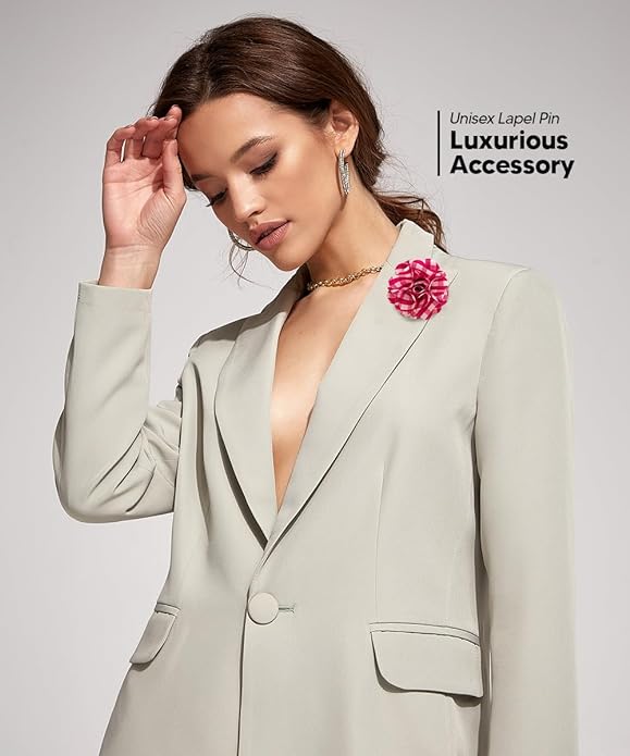 Vittorio Vico Unisex Metallic Silver Accent Plaid Flower Lapel Pin - Suits You Sir - Hot Pink with Silver -