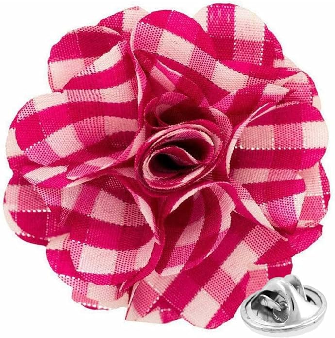 Vittorio Vico Unisex Metallic Silver Accent Plaid Flower Lapel Pin - Suits You Sir - Hot Pink with Silver -