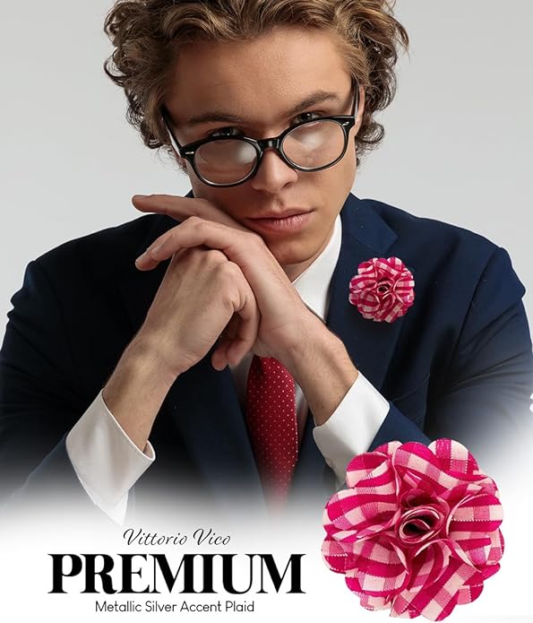 Vittorio Vico Unisex Metallic Silver Accent Plaid Flower Lapel Pin - Suits You Sir - Hot Pink with Silver -