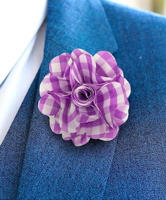 Vittorio Vico Unisex Metallic Silver Accent Plaid Flower Lapel Pin - Suits You Sir - Lavender with Silver -
