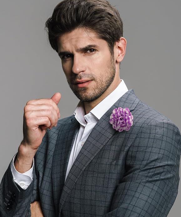 Vittorio Vico Unisex Metallic Silver Accent Plaid Flower Lapel Pin - Suits You Sir - Lavender with Silver -