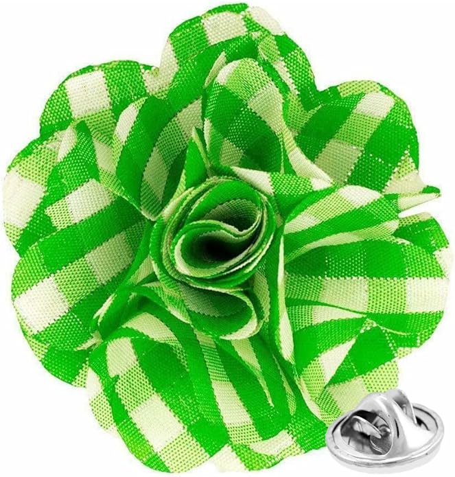 Vittorio Vico Unisex Metallic Silver Accent Plaid Flower Lapel Pin - Suits You Sir - Lime Green with Silver -