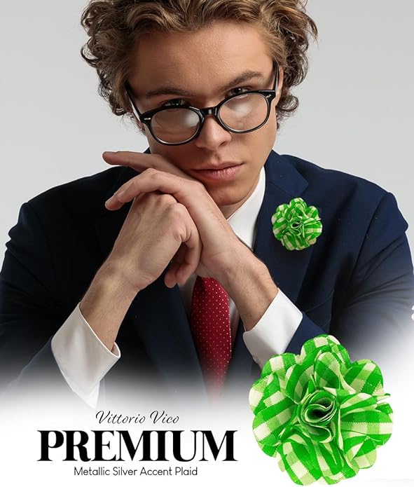 Vittorio Vico Unisex Metallic Silver Accent Plaid Flower Lapel Pin - Suits You Sir - Lime Green with Silver -