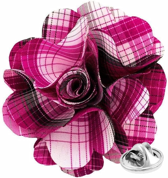 Vittorio Vico Unisex Metallic Silver Accent Plaid Flower Lapel Pin - Suits You Sir - Magenta -