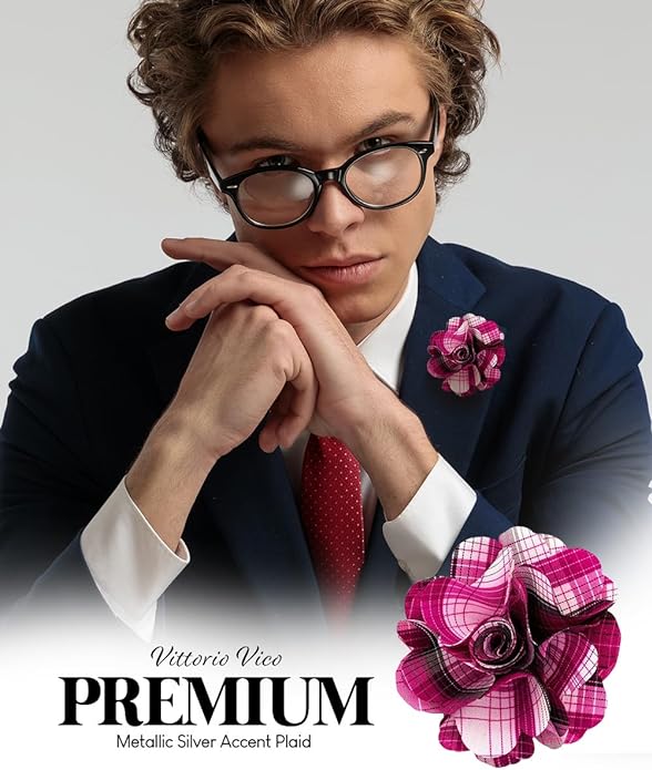Vittorio Vico Unisex Metallic Silver Accent Plaid Flower Lapel Pin - Suits You Sir - Magenta -