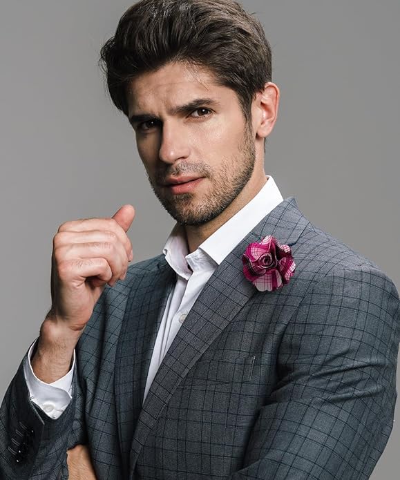 Vittorio Vico Unisex Metallic Silver Accent Plaid Flower Lapel Pin - Suits You Sir - Magenta -