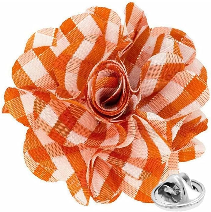 Vittorio Vico Unisex Metallic Silver Accent Plaid Flower Lapel Pin - Suits You Sir - Orange with Silver -