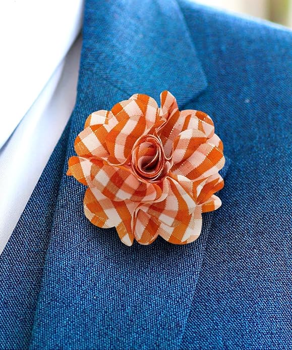 Vittorio Vico Unisex Metallic Silver Accent Plaid Flower Lapel Pin - Suits You Sir - Orange with Silver -