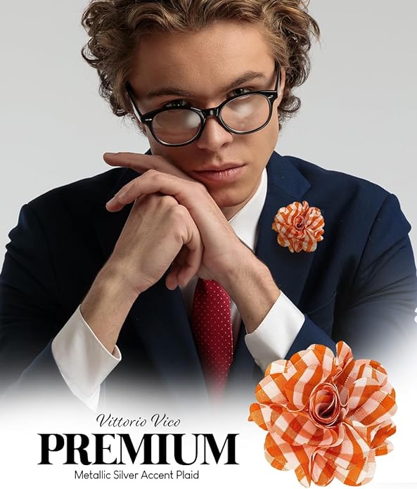 Vittorio Vico Unisex Metallic Silver Accent Plaid Flower Lapel Pin - Suits You Sir - Orange with Silver -