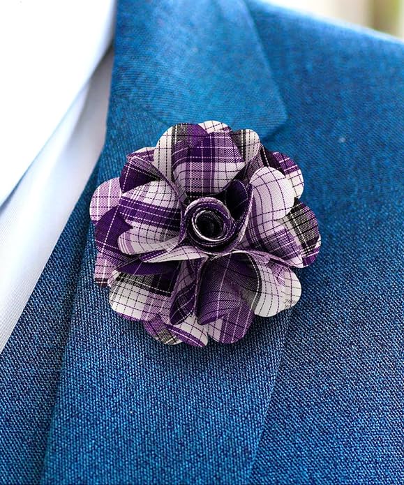 Vittorio Vico Unisex Metallic Silver Accent Plaid Flower Lapel Pin - Suits You Sir - Purple -