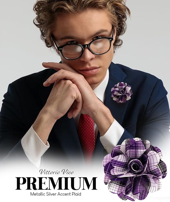 Vittorio Vico Unisex Metallic Silver Accent Plaid Flower Lapel Pin - Suits You Sir - Purple -