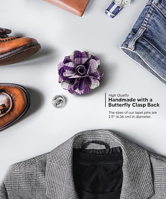 Vittorio Vico Unisex Metallic Silver Accent Plaid Flower Lapel Pin - Suits You Sir - Purple -