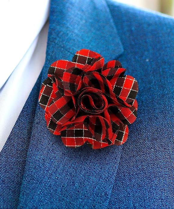 Vittorio Vico Unisex Metallic Silver Accent Plaid Flower Lapel Pin - Suits You Sir - Red and Black with Silver -