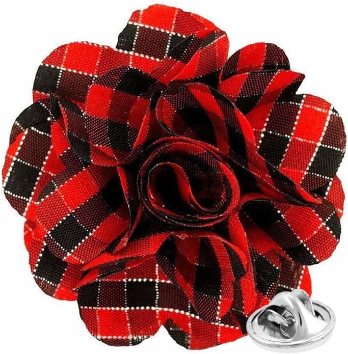 Vittorio Vico Unisex Metallic Silver Accent Plaid Flower Lapel Pin - Suits You Sir - Red and Black with Silver -