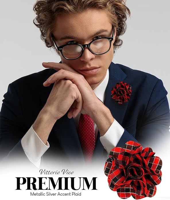 Vittorio Vico Unisex Metallic Silver Accent Plaid Flower Lapel Pin - Suits You Sir - Red and Black with Silver -