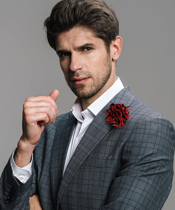Vittorio Vico Unisex Metallic Silver Accent Plaid Flower Lapel Pin - Suits You Sir - Red and Black with Silver -
