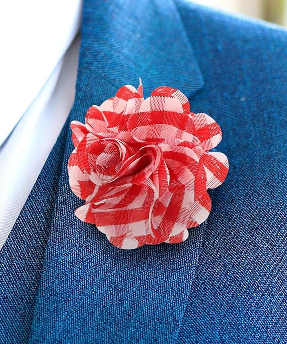 Vittorio Vico Unisex Metallic Silver Accent Plaid Flower Lapel Pin - Suits You Sir - Red and White with Silver -