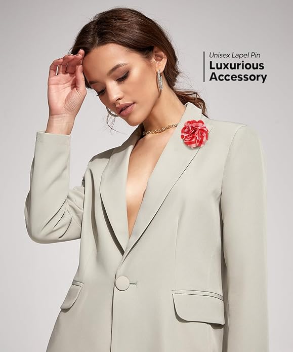 Vittorio Vico Unisex Metallic Silver Accent Plaid Flower Lapel Pin - Suits You Sir - Red and White with Silver -