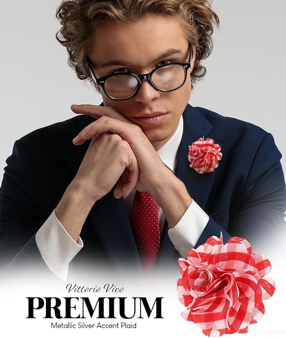 Vittorio Vico Unisex Metallic Silver Accent Plaid Flower Lapel Pin - Suits You Sir - Red and White with Silver -