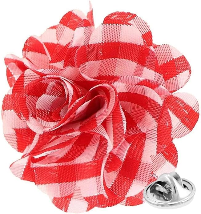 Vittorio Vico Unisex Metallic Silver Accent Plaid Flower Lapel Pin - Suits You Sir - Red and White with Silver -