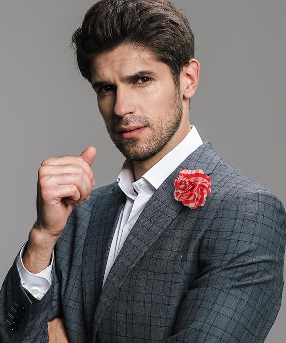 Vittorio Vico Unisex Metallic Silver Accent Plaid Flower Lapel Pin - Suits You Sir - Red and White with Silver -