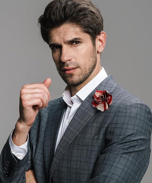 Vittorio Vico Unisex Metallic Silver Accent Plaid Flower Lapel Pin - Suits You Sir - Red -