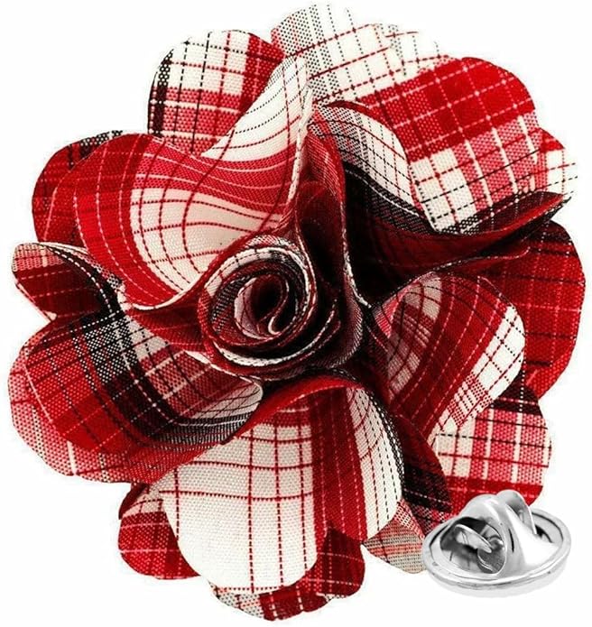 Vittorio Vico Unisex Metallic Silver Accent Plaid Flower Lapel Pin - Suits You Sir - Red -