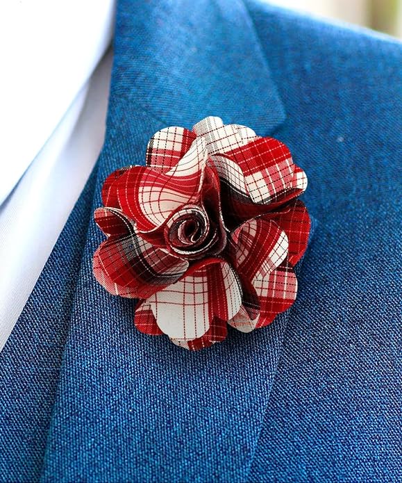 Vittorio Vico Unisex Metallic Silver Accent Plaid Flower Lapel Pin - Suits You Sir - Red -