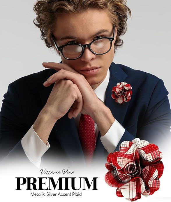 Vittorio Vico Unisex Metallic Silver Accent Plaid Flower Lapel Pin - Suits You Sir - Red -