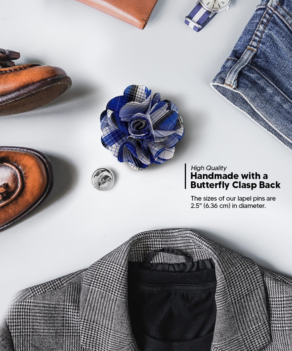 Vittorio Vico Unisex Metallic Silver Accent Plaid Flower Lapel Pin - Suits You Sir - Royal Blue -