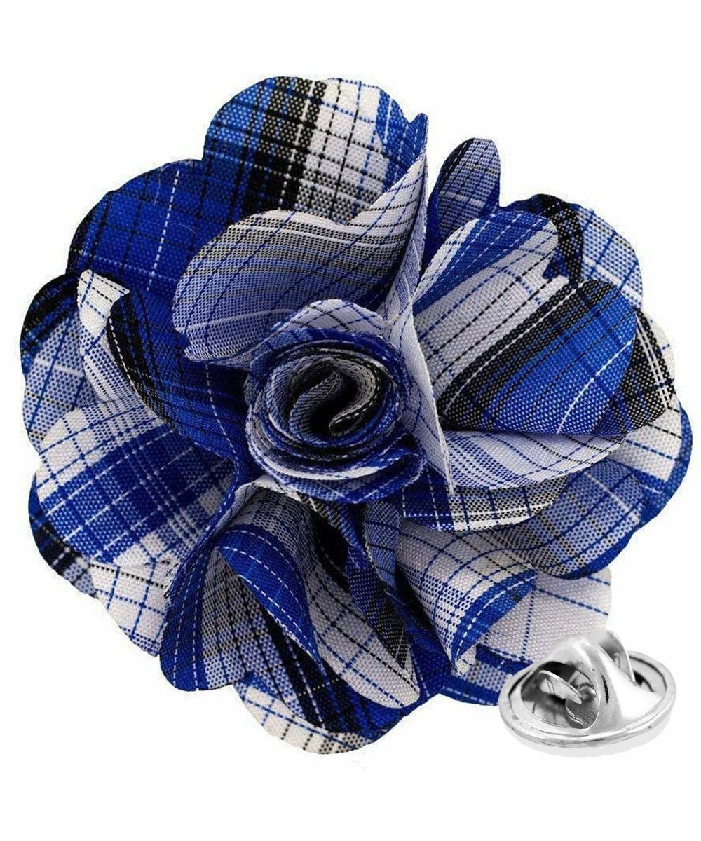 Vittorio Vico Unisex Metallic Silver Accent Plaid Flower Lapel Pin - Suits You Sir - Royal Blue -