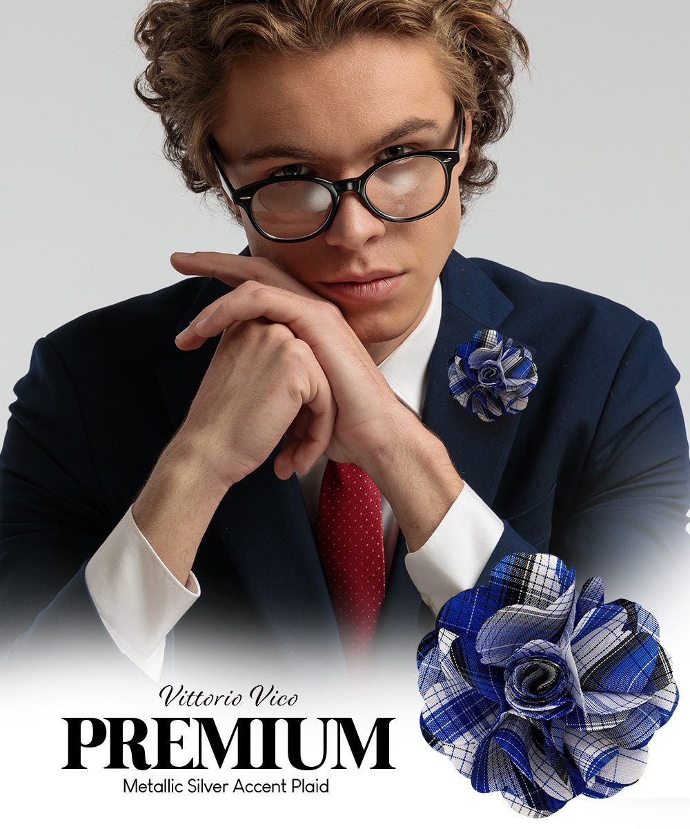 Vittorio Vico Unisex Metallic Silver Accent Plaid Flower Lapel Pin - Suits You Sir - Royal Blue -