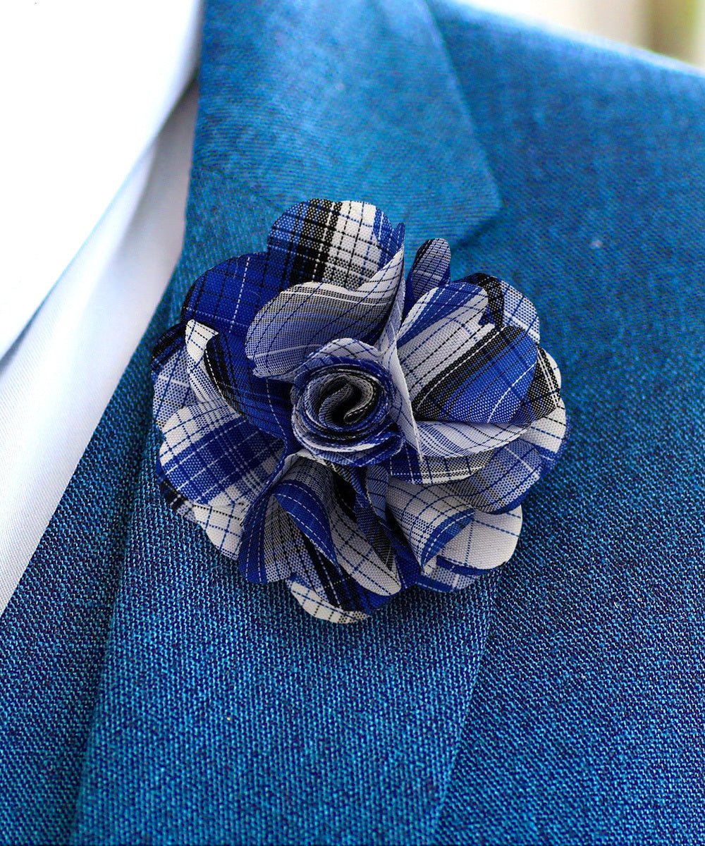 Vittorio Vico Unisex Metallic Silver Accent Plaid Flower Lapel Pin - Suits You Sir - Royal Blue -