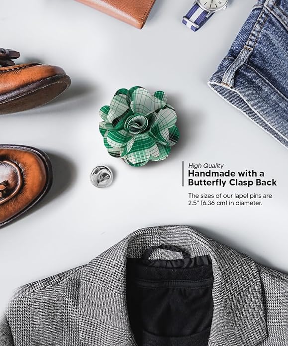 Vittorio Vico Unisex Metallic Silver Accent Plaid Flower Lapel Pin - Suits You Sir - Teal Green -