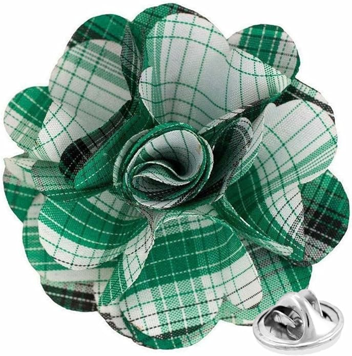 Vittorio Vico Unisex Metallic Silver Accent Plaid Flower Lapel Pin - Suits You Sir - Teal Green -