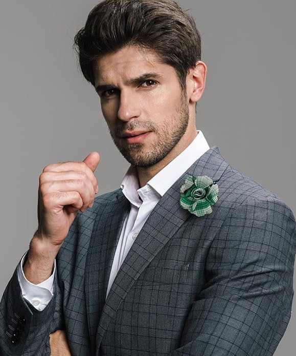Vittorio Vico Unisex Metallic Silver Accent Plaid Flower Lapel Pin - Suits You Sir - Teal Green -