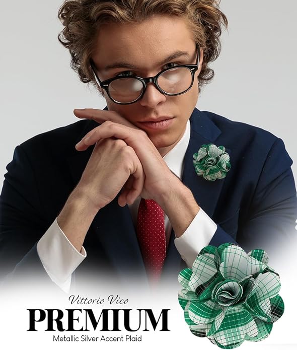 Vittorio Vico Unisex Metallic Silver Accent Plaid Flower Lapel Pin - Suits You Sir - Teal Green -