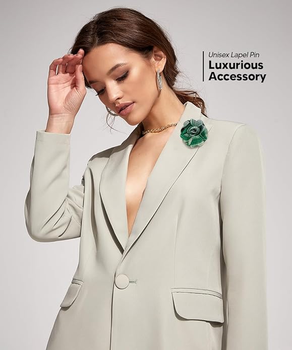 Vittorio Vico Unisex Metallic Silver Accent Plaid Flower Lapel Pin - Suits You Sir - Teal Green -