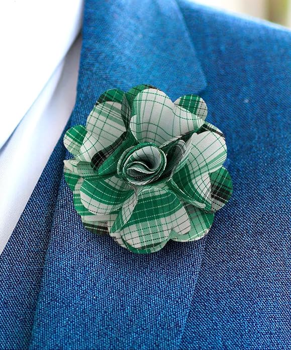 Vittorio Vico Unisex Metallic Silver Accent Plaid Flower Lapel Pin - Suits You Sir - Teal Green -