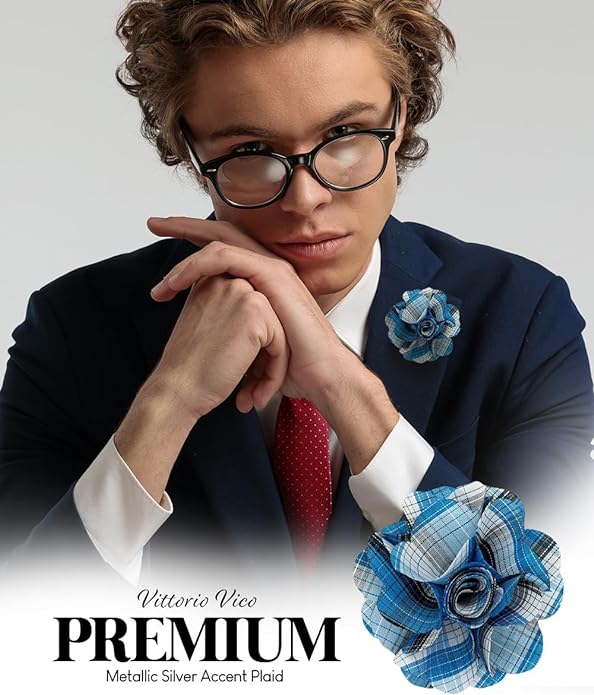 Vittorio Vico Unisex Metallic Silver Accent Plaid Flower Lapel Pin - Suits You Sir - Turquoise -